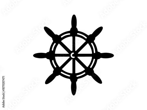 Black ship's steering wheel icon in a simple flat silhouette style