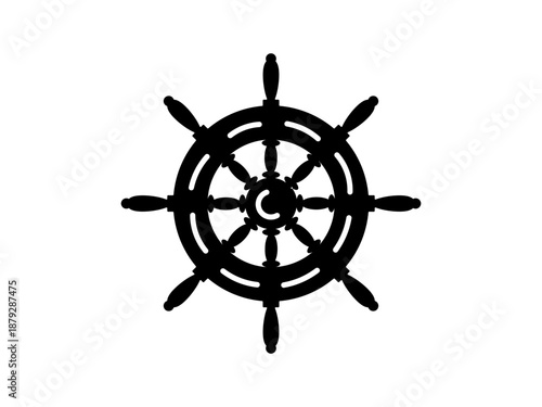 Black ship's steering wheel icon in a simple flat silhouette style