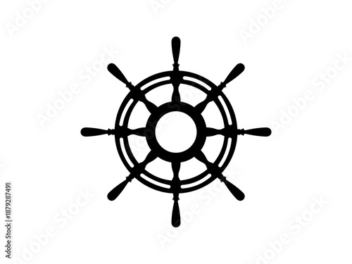 Black ship's steering wheel icon in a simple flat silhouette style