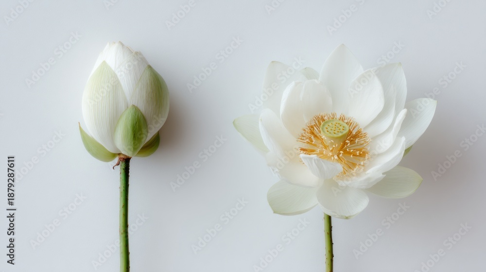 Obraz premium Two lotus flowers one closed bud, one open bloom on clean, bright white