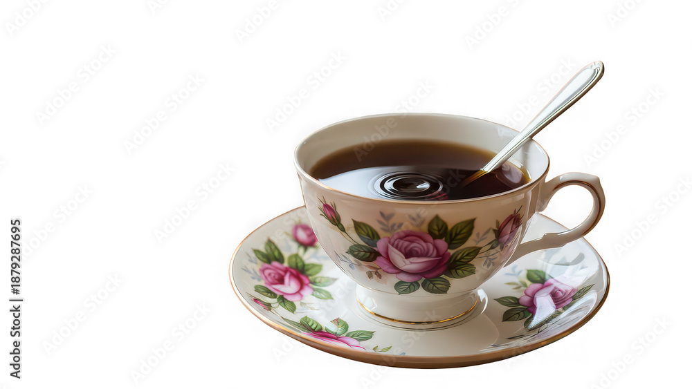 Fototapeta premium A delicate floral teacup filled with black coffee on a matching saucer with a spoon