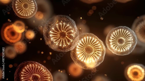 Glowing digital microscopic microorganisms float in dark space with intricate radial emitting warm golden light and mesmerizing visual effect