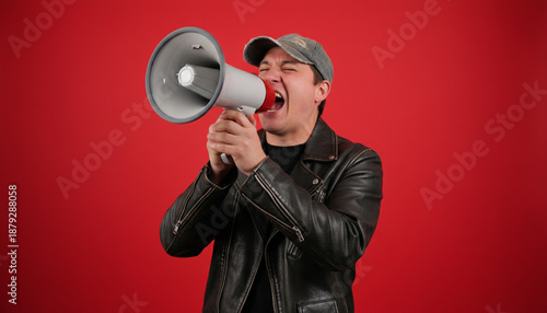 young man shouting into megaphone