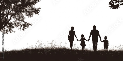A family of four walking on a grassy hill.