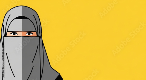 Minimalist vector illustration of a Muslim woman in a grey niqab and hijab, showcasing her eyes, on a bright yellow background, symbolizing cultural identity and modesty