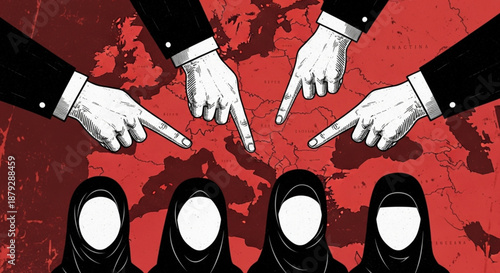 Conceptual illustration portraying the intersection of cultural identity, human rights, and societal pressure affecting veiled women in the European context