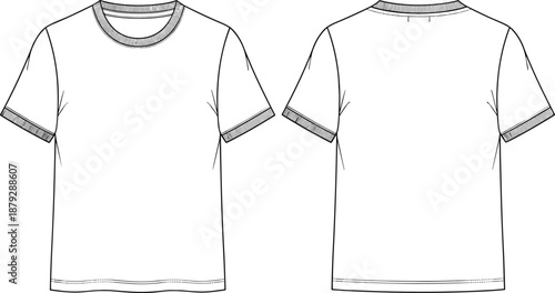 Men basic t shirt technical fashion illustration, front back views, short sleeve crew neck tee, casual apparel flat design