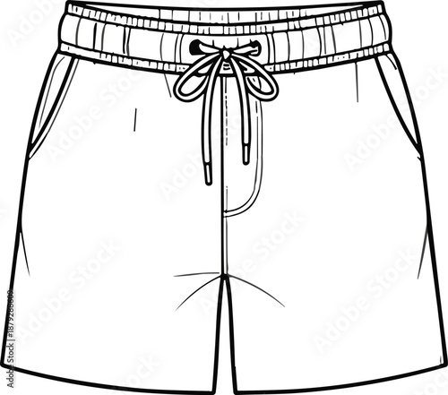 Men casual shorts technical fashion illustration, elastic waistband drawstring design, front view apparel sketch, modern streetwear garment template