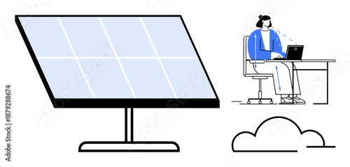 Renewable energy concept. Renewable energy with a solar panel and a person working remotely on a laptop. Renewable energy highlights eco-friendly workspaces and sustainability. Ideal