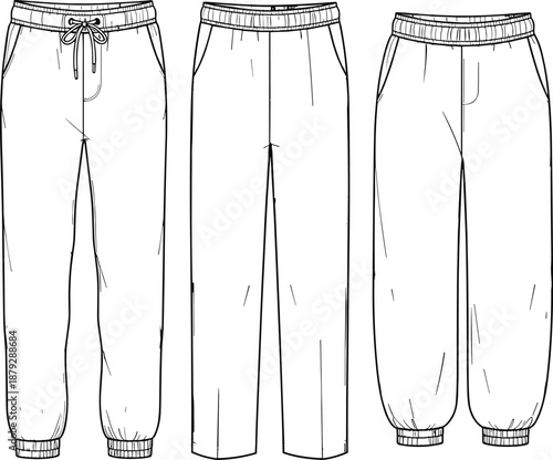 Men jogger pants technical fashion illustration, front back side views, elastic waistband drawstring trousers, casual streetwear apparel design