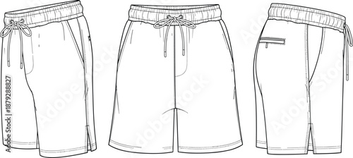 mens shorts technical sketch set, drawstring elastic waist shorts, casual sportswear design, flat apparel illustration front side back