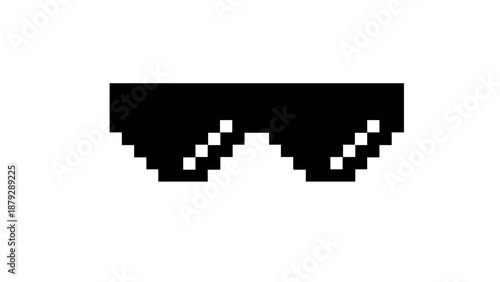 Bold digital art illustration of black pixel sunglasses, embodying a confident, ironic, or cool demeanor from classic video game aesthetics, isolated on a clean white background