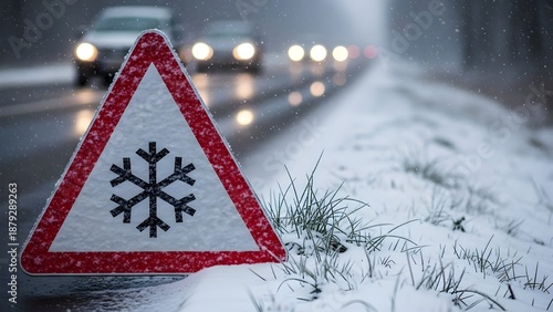 Triangular road sign with a snowflake symbol covered in snow, warning of icy and slippery roads, representing winter driving safety and hazardous weather conditions, red triangular road
