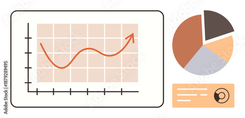 Business growth, data visualization, financial analysis, market trends, statistics, performance tracking. Line graph and pie chart in muted colors. Business growth and data visualization concepts