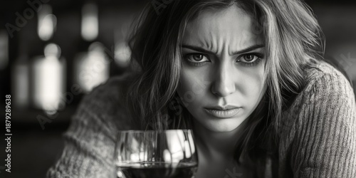 A young woman with a serious expression, looking downwards with her chin on her hand. She's in a dimly lit setting with wine glasses.