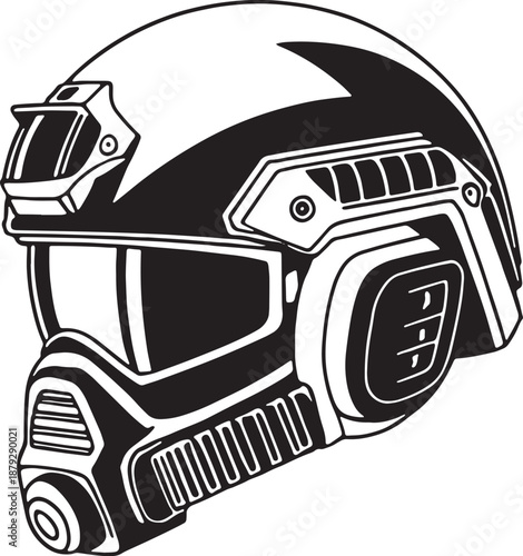 Black and White Futuristic Helmet with Visor and Straps sci-fi