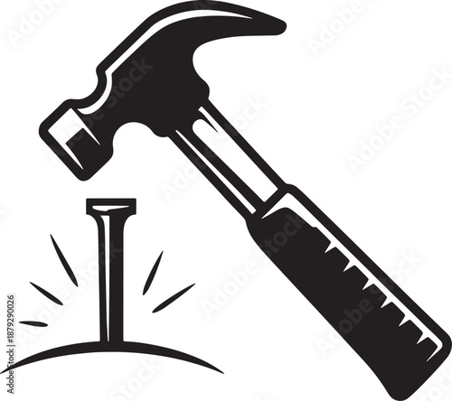 Black and white hammer striking a nail with impact sparks strike