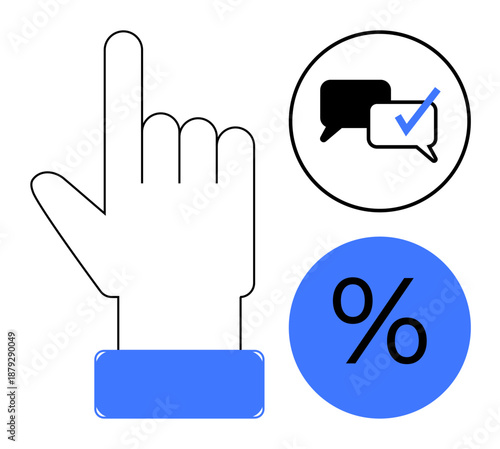 Hand gesture pointing upward, speech bubbles with a check mark, and percent symbol evoke concepts of decision-making, communication, approval, calculation, user interaction, business strategy