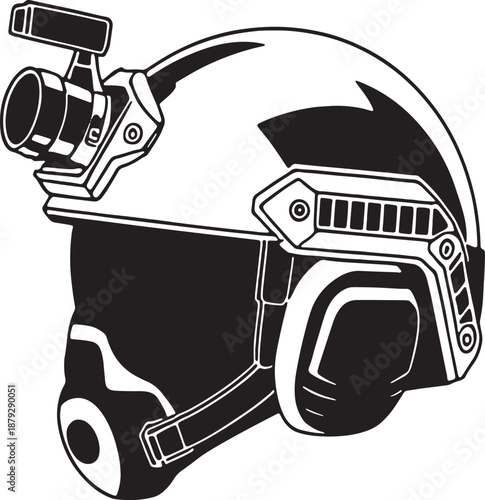 Black and white helmet with attached headlamp and ventilation system protective gear