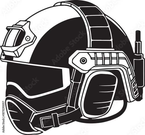 Black and White Helmet with Visor and Straps