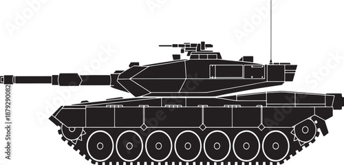Black and White Line of a Modern Military Tank with a Long Barrel Cannon vehicle