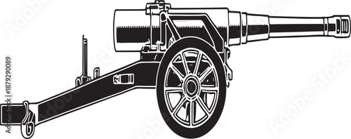 Black and white line of a vintage artillery cannon with a large spoked wheel military