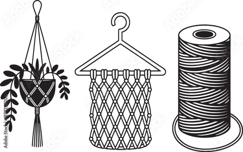 Black and white of a macrame plant hanger, a hanging basket, and a spool of twine