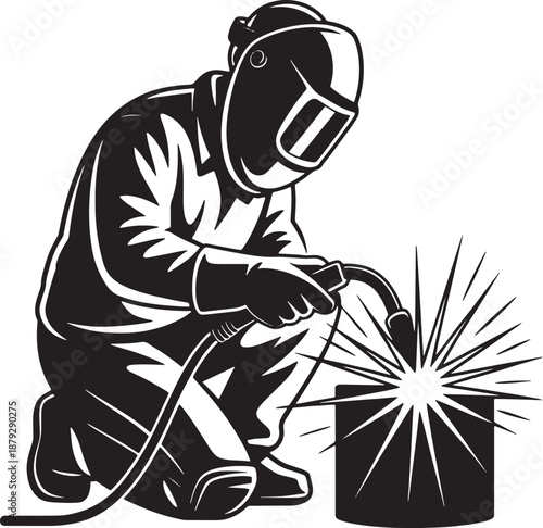 Black and white of a welder working with a bright spark welding flame