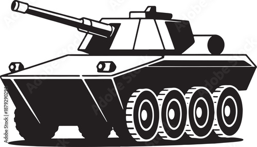 Black and white of an armored military tank with a long cannon and six wheels warfare