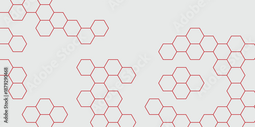 Abstract hexagon pattern background with red striped honeycomb shapes on a light grey surface, a modern geometric design ideal for technology, science and creative layouts.