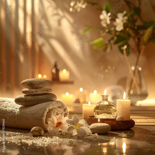 Serene spa ambiance with candles, stones, and floral accents.