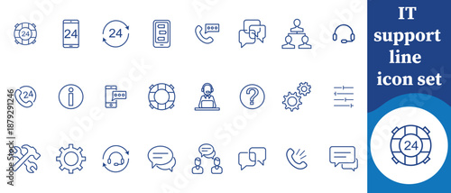 IT support line icon set, collection, desk, care, trust, advice, pictogram, search, vector, security, connection, live, business, editable, stroke, speech, mail, telephone, thin, person, guidance and 