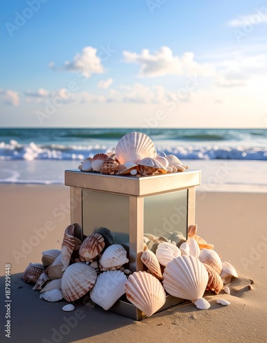 Seashells cascade around a box on a beach with ocean background