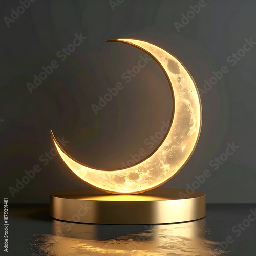 Glowing crescent moon statue on a gold pedestal, dark backdrop