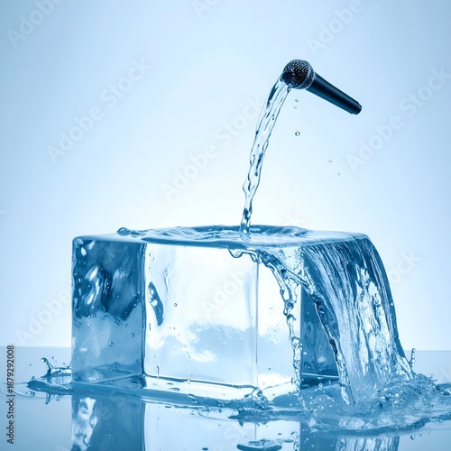 Microphone pours water into a sculpted ice cube, forming a waterfall