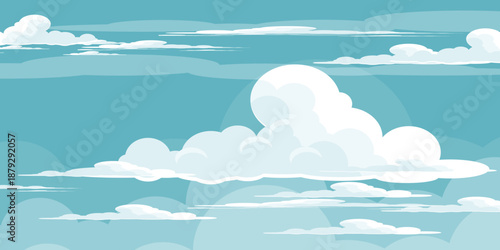 Illustration of a blue sky with white clouds in a flat style. Blue sky background and white clouds. Cartoon sky	
