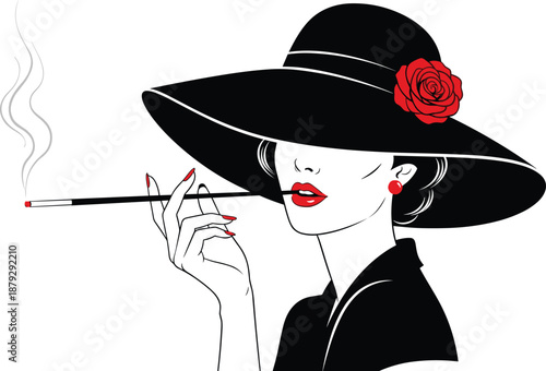 Elegant woman smoking cigarette wearing wide brim hat with red rose illustration isolated on white background, vintage fashion artwork for beauty, glamour, style, and luxury concepts