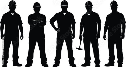 Group of construction worker silhouettes in different poses wearing safety helmets isolated on white background, industrial labor illustration for workforce, tools, safety, and building concepts