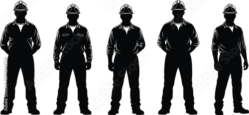 Group of industrial worker silhouettes wearing safety helmets isolated on white background, construction and engineering workforce illustration for labor, industry, safety, and professional job concep