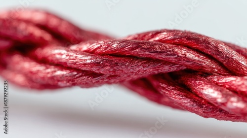 Braided metallic red cord with a tightly woven texture against a clean white background