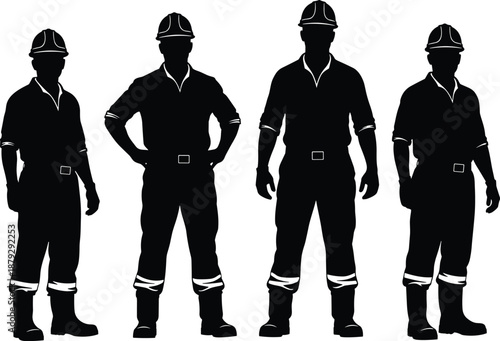 Industrial worker silhouettes wearing safety helmets standing in different poses isolated on white background, construction workforce illustration for labor, safety, teamwork, and engineering concepts
