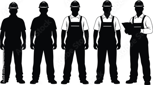Set of industrial worker silhouettes wearing safety helmets and overalls isolated on white background, construction and manufacturing workforce illustration for labor, safety, supervision, and industr