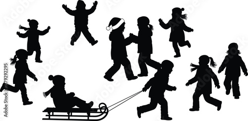 Silhouette collection of children playing winter games, running, jumping, sledding, and having fun outdoors, symbolizing childhood joy, friendship, activity, and seasonal happiness