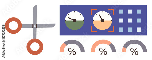 Data analysis, optimization, business metrics, calculations, analytics, progress tracking. Scissors, gauges percentages and grid elements. Data analysis and optimization for efficiency