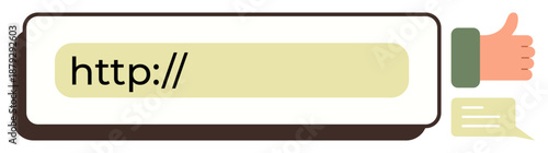 Online communication, internet approval, user feedback, social media, digital approval, web interaction. Address bar with http text, thumbs up and speech bubble. Online communication and internet