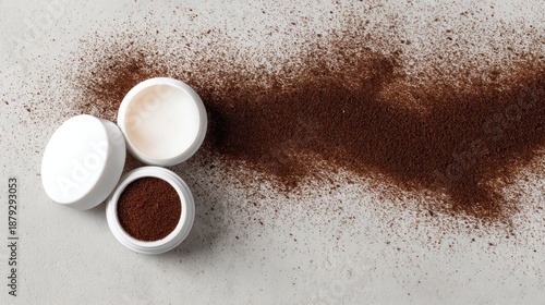 Eye shadows in white containers next to powdered cosmetics on a neutral surface