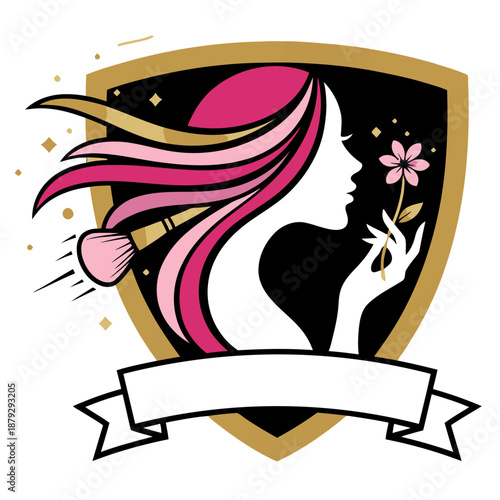 Beauty Logo Template with Female Profile Makeup Brush and Flower in Gold Shield for Makeup Artist Cosmetics Boutique Skin Care Wellness Spa and Hair Salon Identity in Flat Vector Style