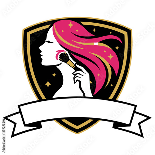 Cosmetics Logo Template with Female Profile Makeup Brush and Pink Hair in Gold Shield for Makeup Artist Beauty Salon Skin Care Professional Aesthetics and Glamour Identity in Vector Style