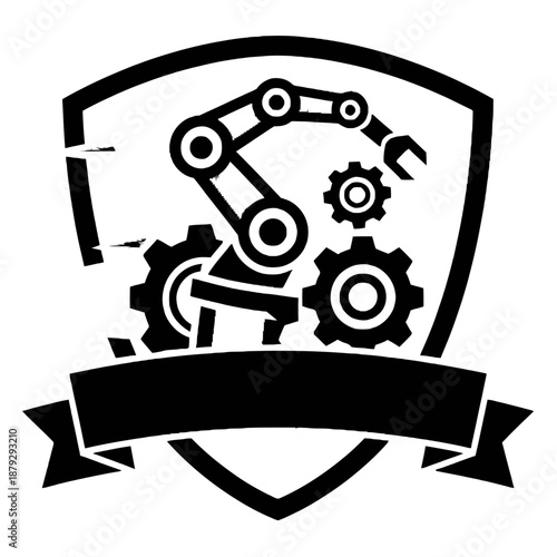 Industrial Machinery Logo Template with Robotic Arm and Gears in Shield for Automation Engineering Manufacturing Technology and Heavy Equipment Industry Identity in Flat Vector Style