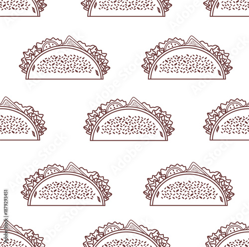 Tacos pattern background. Seamless pattern of hand-drawn tacos background. Doodle taco pattern background. Taco icon illustration. Vector of tacos outline background.